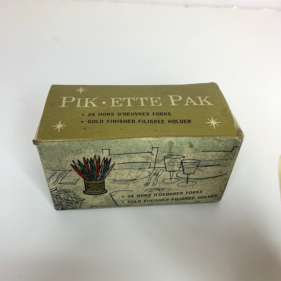 MCM Pick-Ette Pack Appetizer Fork Set 24 Plastic Forks With Gold Tone Holder - Picture 2 of 8